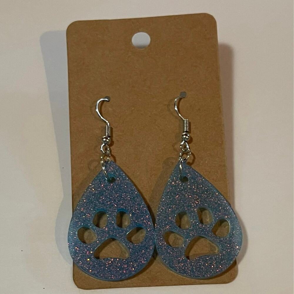 Handmade epoxy resin paw print earrings - light blue glitter w/ rosegold flecks